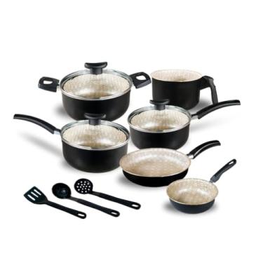 Imagem de Jogo de Panelas Antiaderente Premium 9 Peças com Tampas de Vidro – Conjunto Elegance Alumínio(Preto Glacial)