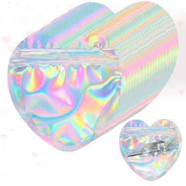 Imagem de AmazingSpark 80 unidades de bolsas holográficas arco-íris para dia dos namorados, 10 x 10 cm, bolsas de joias em forma de coração, bolsas de embalagem de plástico seláveis para dia dos namorados