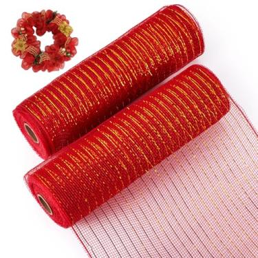 Imagem de KISSITTY Fitas de malha decorativas, 26 cm de largura, folha metálica vermelha, fita para artesanato, 2 rolos para grinalda DIY, casamento, Natal, Ação de Graças, decoração de festa em casa, enfeites