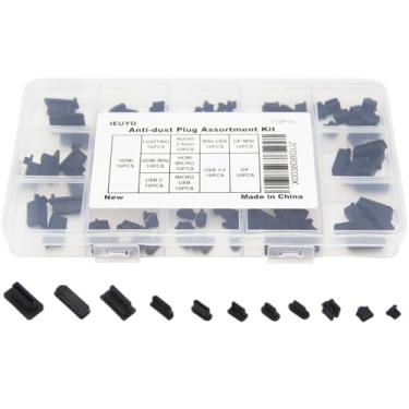 Imagem de IEUYO Kit de plugue universal antipoeira de silicone para USB C/A micro USB Lightning Ethernet HDMI DP computador PC laptops telefones dispositivos de áudio eletrônicos preto 11 tamanhos 110 peças