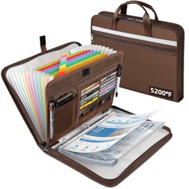 Imagem de Organizador de documentos à prova de fogo de 2,871 °C com 13 pastas expansíveis sanfonadas, fichário com zíper de folha de alumínio com 30 protetores de folha A4/letras, fichário para escola