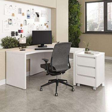 Imagem de Mesa de Escritório em L 135cm com Gaveteiro com Rodízio Ficus Cabecasa Madeiramadeira Branco