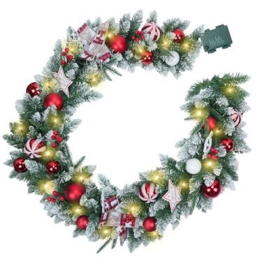 Imagem de MHMJON Guirlanda de Natal com luzes, guirlanda flocada pré-iluminada com 50 LEDs operados por bateria, 8 modos de iluminação – decoração de Natal e baga vermelha para escadas, porta da frente, lareira