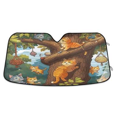 Imagem de Capa de para-brisa de gatos de desenho animado brincando em uma árvore para proteção solar dobrável para janela frontal de carro para a maioria dos sedãs SUV caminhão grande