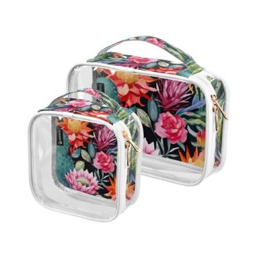Imagem de Papel de parede floral em preto com aquarela sacos de viagem de plástico transparente com zíper, bolsa de maquiagem para meninas, pacote com 2, Papel de parede de flores em preto com aquarela-5, one