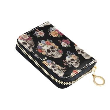 Imagem de Carteira feminina Zip Around com porta-cartão de crédito com bloqueio de RFID, carteira de viagem de couro com zíper, caveiras chiques, florais, preta