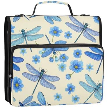 Imagem de Organizador de fichário com zíper azul flores libélulas 3 anéis bolsa resistente para fichários escolares com alça de ombro comporta 500 lençóis, 34,5 x 31,5 x 9 cm