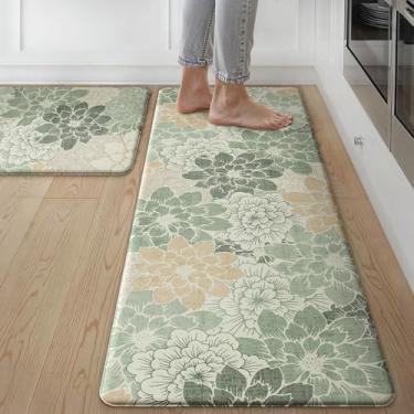 Imagem de GENIMO Tapetes de cozinha para chão, tapetes de cozinha, antiderrapantes, laváveis, conjuntos de 2, tapetes impermeáveis acolchoados, antifadiga, tapete floral para lavanderia, pia, escritório, casa