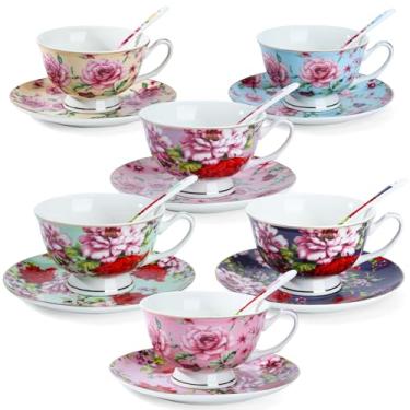 Imagem de BTaT- Conjunto de 6 xícaras de chá e pires, xícaras de porcelana florais (227 g) para festa de chá, rosa, presente de Dia das Mães