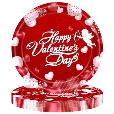 Imagem de 20 peças de pratos de papel para o dia dos namorados vermelhos redondos descartáveis com talheres de festa de cupido para decorações de festa do dia dos namorados