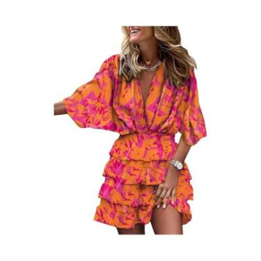 Imagem de Vestido Casual Mini Com Decote Em V, Manga Morcego, Cintura Elástica E