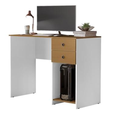 Imagem de Escrivaninha Gamer com 2 Gavetas e Suporte para CPU – Mesa para Computador, Home Office e Estudo(Branco/Nature)