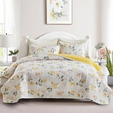 Imagem de Conjunto de colcha floral, tamanho king, 100 x 88, com flor laranja e amarela, microfibra macia, leve, capa de cama reversível para o verão, 3 peças, capa de cama acolchoada para todas as estações (1