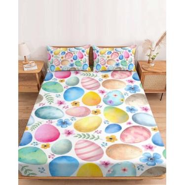 Imagem de Jogo de lençol com elástico de ovos coloridos de Páscoa para colchão de até 40,6 cm, lençol com bolso profundo de microfibra macia, flores campestres e 2 fronhas, decoração de hotel/quarto