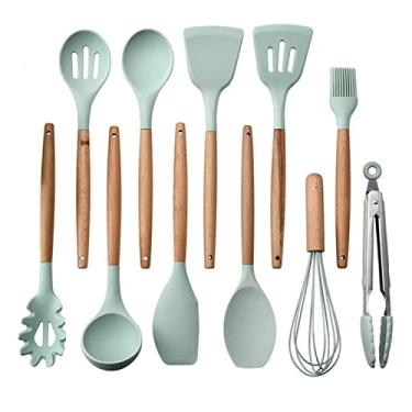Imagem de 11PCS Conjunto de Utensílios Cozinha Silicone com Cabo Madeira Panelas Antiaderentes Gadgets Premium Resistente ao Calor Fácil Pendurar