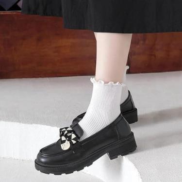 Imagem de 1 par de meias femininas estilo lolita japonês com bainha com babados, tornozelo virado para cima, corte baixo, malha de algodão, acabamento de renda tradicional., Branco, M