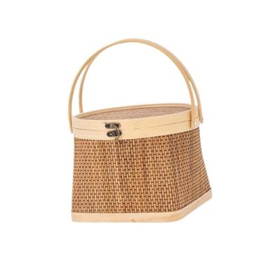 Imagem de Ｂｅｓｇａ Cesta de bambu trançado, para guardar ovos, feita à mão, para, com tampa e alça, ideal para alimentos e da lua, Redondo Quadrado