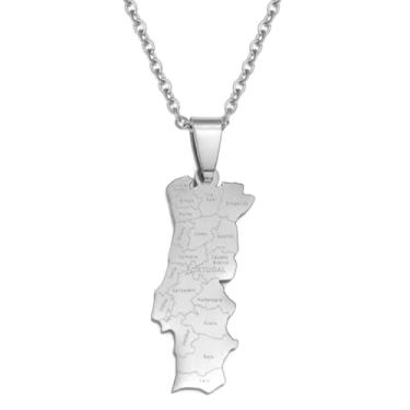Imagem de N-Made Beautifull Colares com pingente de mapa de Portugal com nome das cidades para homens e mulheres - Joias portuguesas - Acessórios significativos para presentes de Natal e Ano Novo com bolsa