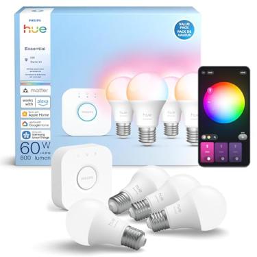 Imagem de Philips Hue Kit de iniciação essencial: Bridge + 4 lâmpadas inteligentes E26 essenciais, branco e colorido, 2200 K-6500 K, regulável, funciona com Alexa, Google, Samsung SmartThings, Apple Home