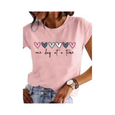 Imagem de Camiseta Casual Feminina Com Estampa De Coração, Manga Curta, Decote R