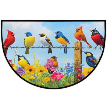 Imagem de Tapete de porta frontal para entrada interna e externa, primavera, verão, pássaros, flor, meio redondo, absorvente, antiderrapante, capacho de boas-vindas, entrada de pátio, tapetes de baixo perfil
