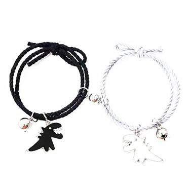 Imagem de Fuqimanman2020 Conjunto de pulseiras de 2 peças de dinossauros fofos com atração mútua, coração, combinando, corda trançada elástica para casais, amantes, amizade, relacionamento, melhor amigo, volta às aulas, Metal Metal Corda, corda