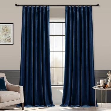 Imagem de AUSSPVOCT Conjunto de cortinas plissadas de veludo azul marinho 228,6 cm de comprimento, 2 painéis, cortinas blackout macias com ganchos, painéis de janela com aba traseira com isolamento térmico para