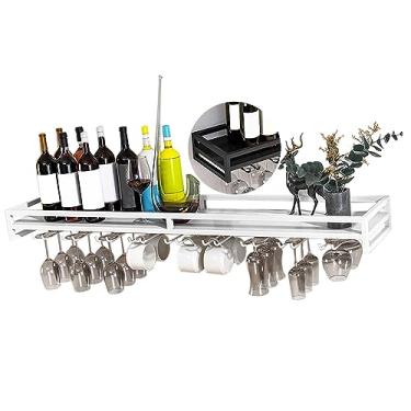 Imagem de Rack de vinho montado na parede, cabide de metal para taças de vinho, suporte de exibição resistente e durável com prateleira de vidro para taças, prateleiras de exibição de vinho para cozinha e bar