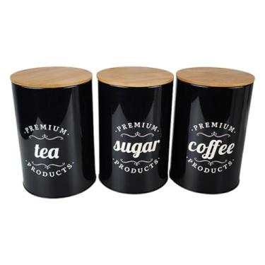 Imagem de Generic Recipiente para café, chá e açúcar, acessório de metal, organizador decorativo com tampas, pote para armazenamento de utensílios, ideal para sala de, Preto