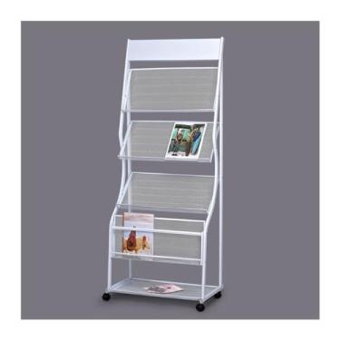 Imagem de KEG801302 Porta-revistas simples de chão, suporte de jornal com rodas de ferro de 4 camadas, suporte de exibição de brochura para exibição de folhetos ou escritório de documentos (branco)