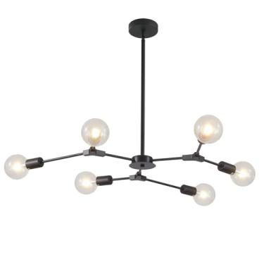 Imagem de Lustre Sputnik moderno preto com 6 lâmpadas, luminária de teto estilo industrial vintage, lustre pendente, luminária de teto semi-embutida estilo fazenda, L1136-6