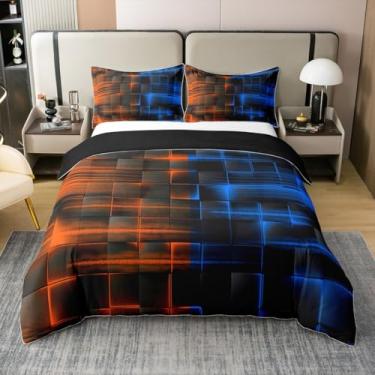 Imagem de Feelyou Conjunto de capa de edredom azul e laranja 100% algodão, tamanho solteiro, geométrico, para meninos, linhas geométricas, arte abstrata, capa de colcha, sem edredom
