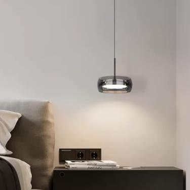 Imagem de Lustre pendente LED moderno com cúpula de vidro ajustável, luminária de teto redonda com abajur de vidro preto para sala de jantar, quarto, cozinha, ilha, hall de entrada.