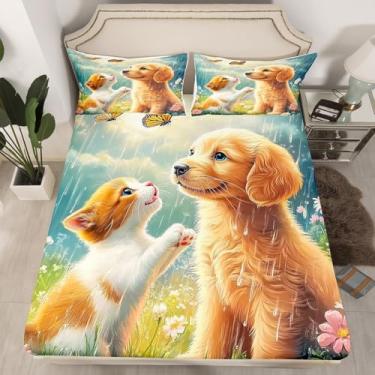 Imagem de jejeloiu Jogo de lençol casal fofo de cachorrinho, cachorro e gato, 3 peças, 1 lençol com elástico + 2 fronhas (sem lençol de cima)