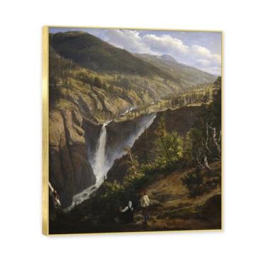 Imagem de NHLDZYH Moldura dourada. Trabalho mestre do romance norueguês, réplica de quadro de J. C. Dahl, paisagem atmosférica, arte de parede com moldura para biblioteca ou sala. (Paisagem 55). 80 x 96 cm.