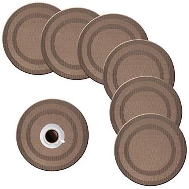 Imagem de Jogo americano redondo pigchcy, conjunto de 6 jogos americanos de vinil resistentes ao calor para mesa de jantar redonda, laváveis, tapetes de mesa de cozinha (6 peças, marrom)