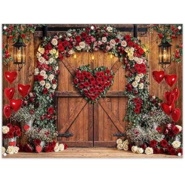 Imagem de YCUCUEI Tecido de 2,4 x 1,8 m para porta de celeiro marrom para o dia dos namorados, balões de coração vermelho, arco rosa, fundo de fotografia rústico, decoração de casamento, chá de panela