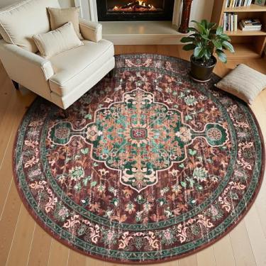 Imagem de U'Artlines Boho Vintage Tapete redondo de 1,8 m lavável na máquina Tapete macio antiderrapante antiderrapante para sala de estar, quarto, entrada, sala de jantar, escritório, ferrugem e azul-petróleo