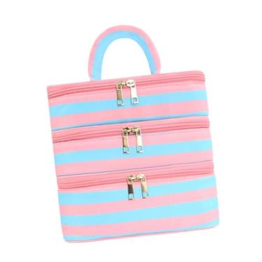 Imagem de predolo Nécessaire de viagem, estojo organizador de cosméticos, três camadas, bolsa de maquiagem feminina, bolsa de mão para esmalte, ideal para viagens, Azul Rosa