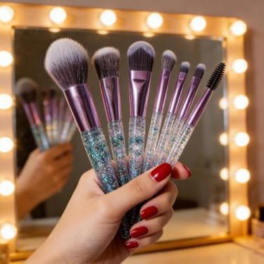 Imagem de Conjunto de 10 pincéis de maquiagem, portátil com alça de cristal, inclui pó solto e pincéis de sombra.