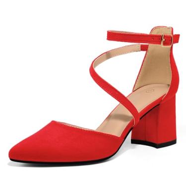 Imagem de mysoft Sapato feminino de salto baixo, grosso, bico fino, tira no tornozelo, tira no peito do pé, vestido de festa e casamento, Camurça vermelha, 8.5 Wide