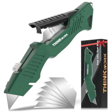 Imagem de THINKWORK Faca utilitária cortador de caixa, retrátil 3 em 1, com cabo de metal resistente, para papelão, tapetes, armazenamento de lâminas, inclui 6 lâminas extras, presente para homens