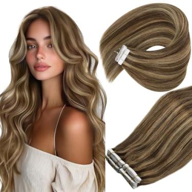 Imagem de Ve Sunny Extensões de cabelo com fita adesiva cabelo humano real invisível Remy cabelo humano liso fita dupla face marrom escuro destaque caramelo loiro 40,6 cm 20 peças 50G
