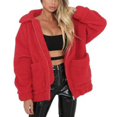 Imagem de Casaco Oversized Sherpa Fleece de Pelo Sintético Vermelho PRETTYGARDEN