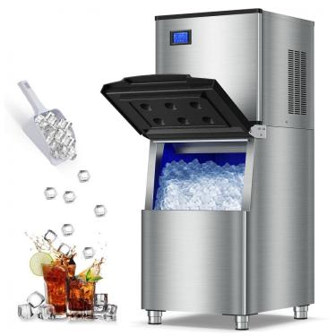 Imagem de Máquina de Gelo Comercial RAPSUAR Aço Inox 208 kg/24h Bin 163 kg 156 Cubos 5-10 Min Autolimpeza LCD Touch 110V