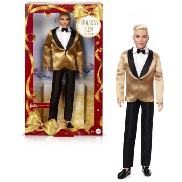 Imagem de Boneco colecionável Barbie Signature Ken Holiday 2025 loiro com terno dourado e base expositora