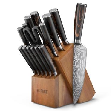 Imagem de Conjunto de Facas de Cozinha Yatoshi Professional 15 Peças Marrom com Bloco em Acácia e Cabo Pakkawood
