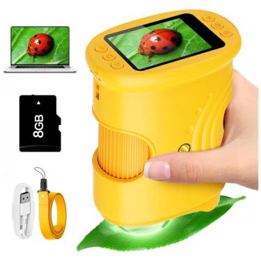 Imagem de Microscópio digital infantil 1000x Alotwan amarelo de mão com tela HD e gravação de vídeo, brinquedo STEM portátil com cartão 8GB