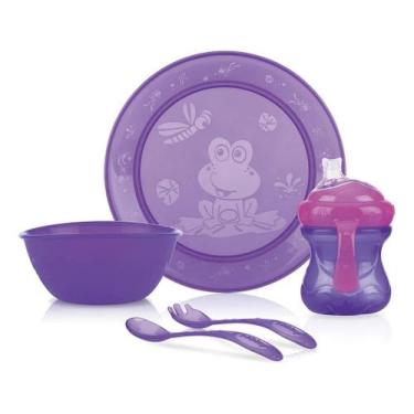 Imagem de Kit Alimentação Infantil Copo Prato Bowl Talheres 5 Peças - Nuby, Lilá