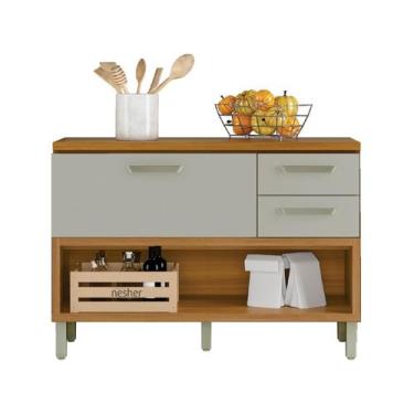 Imagem de Balcão 1 Porta 2 Gavetas Nesher Princesa 120cm Mdf, Freijó e Off White